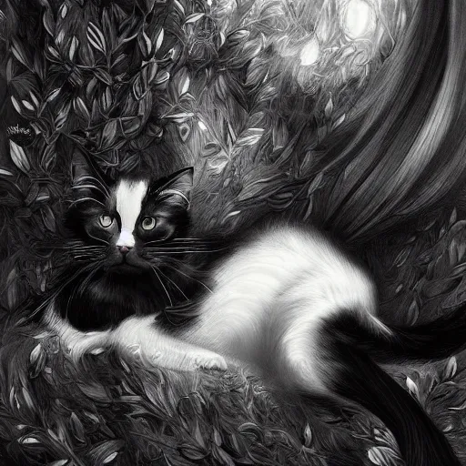 Image similar to a painting of a long haired black and white cat in a scenic environment by anna dittmann, hyperdetailed, beautiful, trending on artstation