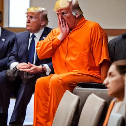 Prompt: Donald trump in an orange colored colored jumpsuit in a courtroom crying like a baby,
