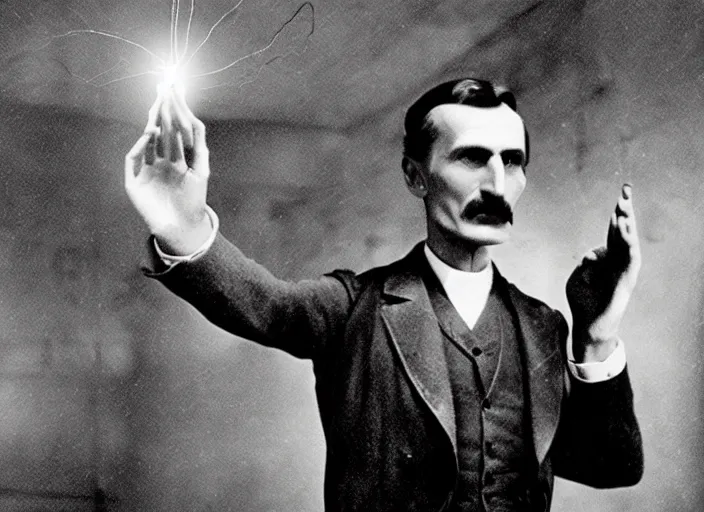 Image similar to Nikola Tesla In an Electric room shocked to the eyes commanding electric current with his hands, award winning Hollywood movie