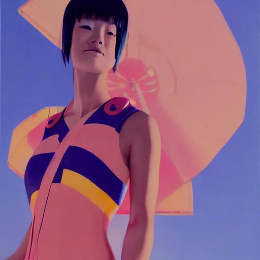 Prompt: a painting of a Japanese woman wearing racing competitive swimsuit, worksafe, by Beeple.