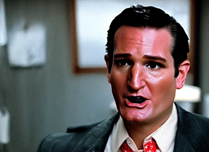 Image similar to film still of ted cruz as patrick bateman wearing a bloody poncho holding a knife in american psycho