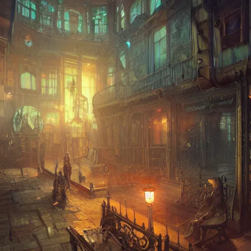 Prompt: horrifying atmosphere phenomenon, steampunk city, magic library, carving on southern ice porcelain , overdetailed art, by greg rutkowski, by Alfons Mucha, complementing colors, colorful lights, fireflies, detailed illustration, octane render, smoky