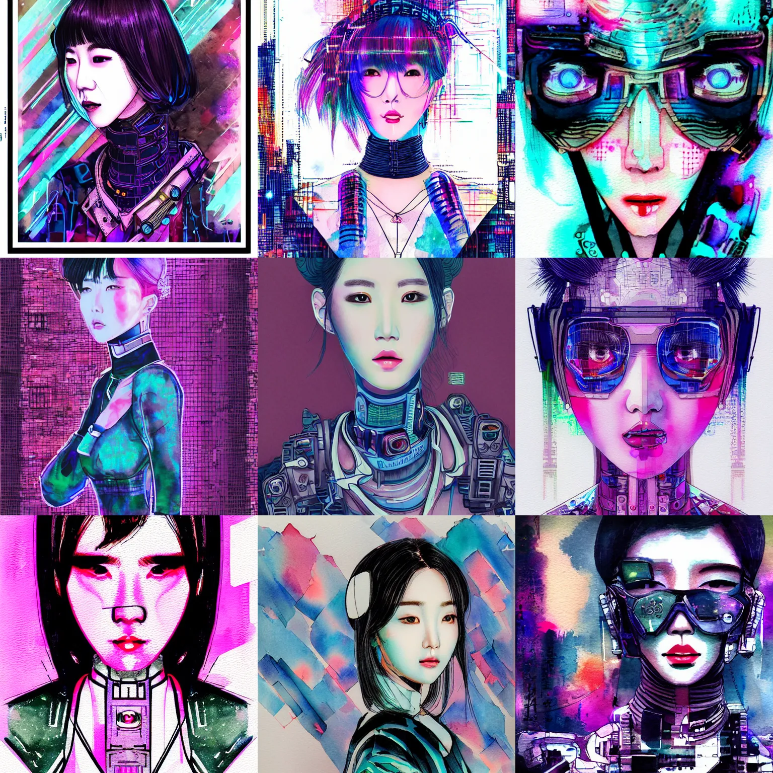 Prompt: korean women's fashion robot, intricate watercolor cyberpunk vaporwave portrait by tim doyle