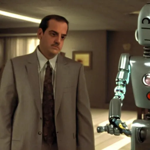 Image similar to Bender the Robot in the Sopranos (1999), highly realistic details, Tony in the background