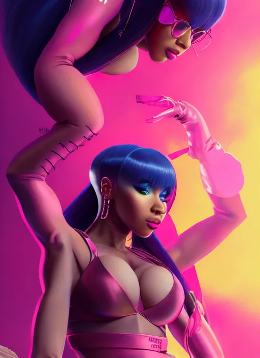 Image similar to nicki minaj and cardi b, evangelion, au naturel, hyper detailed, sharp focus, bokeh, depth of field, digital art, trending in artstation, cinematic lighting, studio quality, smooth render, unreal engine 5 rendered, octane rendered, art style by klimt and nixeu and ian sprigger and wlop and krenz cushart