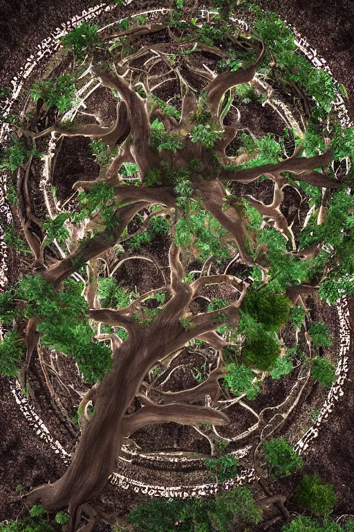 Image similar to soul tree of the earth, perfect symmetry, left side chaos, right side serenity, circular base surrounding grand tree, cinematic, intricate detail, small details, extra detail, high resolution, 3 d, volumetric lighting, octane render, 8 k, ultradetailed, photorealistic