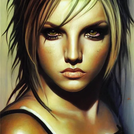 Image similar to detailed portrait of emo britney spears anime intricate, hyper detailed, realistic, oil painting, by julie bell, frank frazetta, cinematic lighting