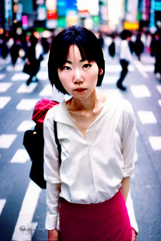 Prompt: street photography portrait of a beautiful japanese woman standing at shibuya crossing during midday, subtle colors, shot on cinestill 5 0 d film, iso 1 0 0, 5 0 mm lens aperture f / 8, dynamic composition, full frame, full res, sharp focus, hyper realistic