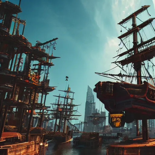 Prompt: high quality photo of a pirate ship in a cyberpunk cyberpunk cyberpunk city, realism, 8k, award winning photo, clear blue sky