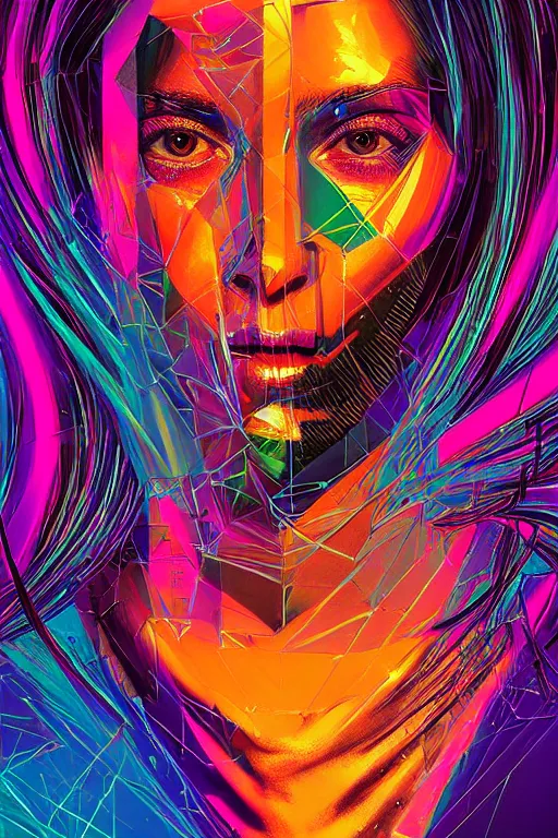 Image similar to surreal raw portrait, digital painting, an beautiful, crazy hacker girl, lost in code, synthwave, glitch!!, fractured reality, refraction, glitter, realistic, hyperdetailed, golden hour, concept art, art by syd mead, cubism