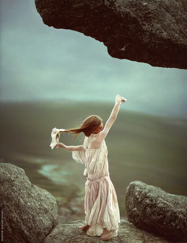 Image similar to peasant barefoot girl with long blowing windy hair standing hands up on the edge of rock, cottage core, cinematic focus, polaroid photo bleached vintage pastel colors high - key lighting, soft lights, foggy, by steve hanks, by lisa yuskavage, by serov valentin, by tarkovsky, 8 k render, detailed, oil on canvas