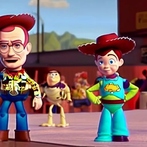 Prompt: walter white and jesse wearing lab gear in toy story