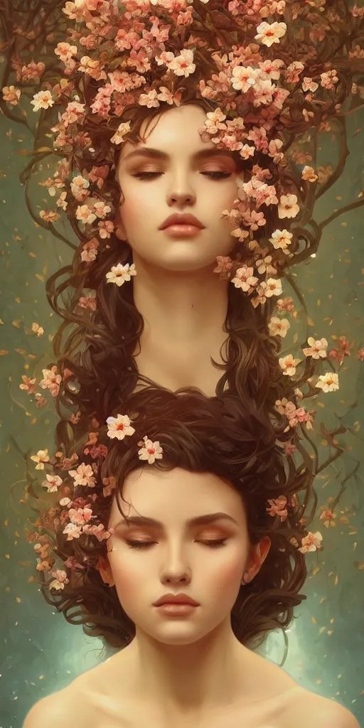 Image similar to surreal beautiful young woman, sitting with flowers, detailed gorgeous face turning into a tree, leaves, dark, ominous, sad eyes, vaporwave aesthetic, synthwave , digital painting, artstation, concept art, smooth, sharp focus, illustration, art by artgerm and greg rutkowski and alphonse mucha