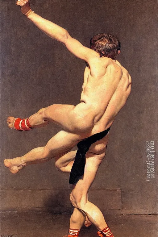 Image similar to body portrait of young Emmanuel Macron posing as a wrestler, colour painting by norman rockwell, guidi prime background by carl spitzweg