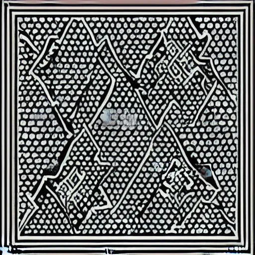 Image similar to high contrast black ink on white paper tessellation block print illustration