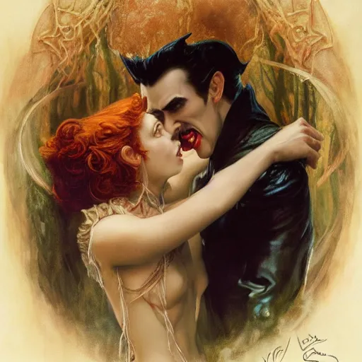 Image similar to attractive male fairy of the forest confesses his love to attractive male dracula the vampire. highly detailed painting by gaston bussiere, craig mullins, j. c. leyendecker 8 k