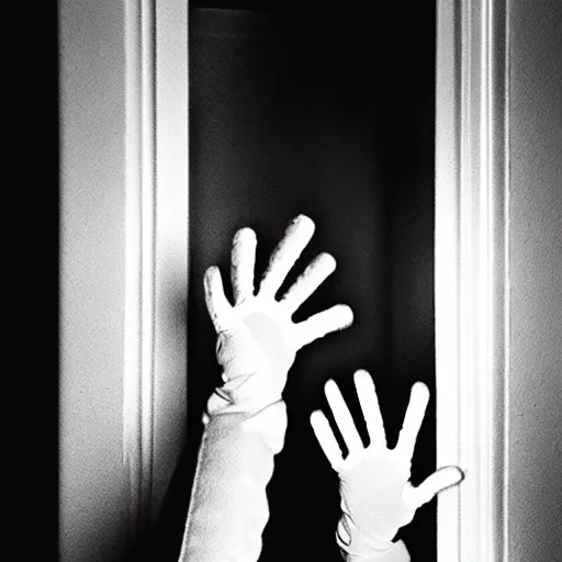 Prompt: a disembodied 5 - fingered white gloved hand sticking out from behind a dark doorway, waving at a terrified boy watching tv in a living room, cinematic lighting, dark living room, doorway with the gloved hand in the distance, haunted, scary