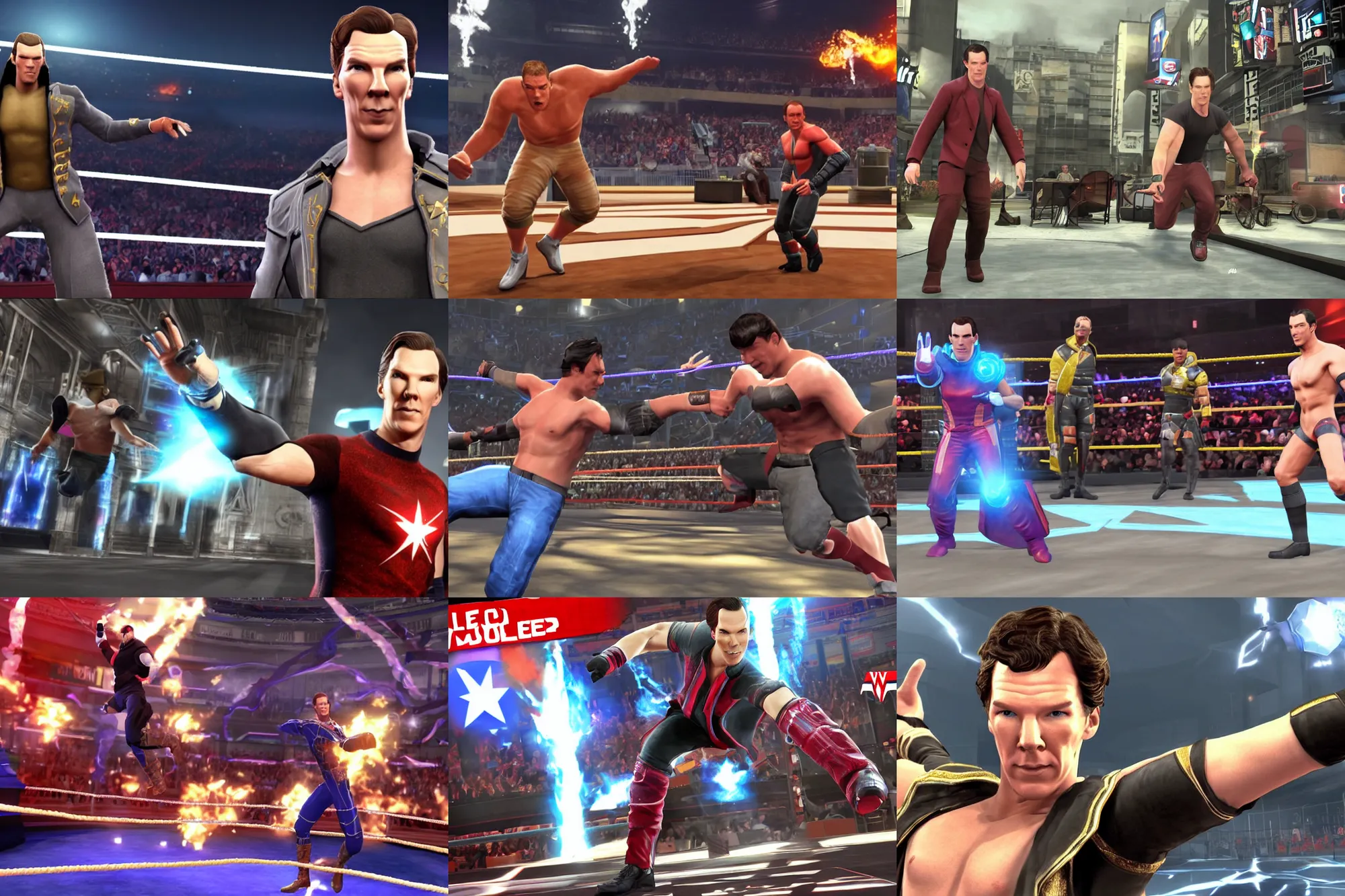 Prompt: a promotional gameplay screenshot of benedict cumberbatch in the video game wwe all stars. 3 d rendering. very detailed