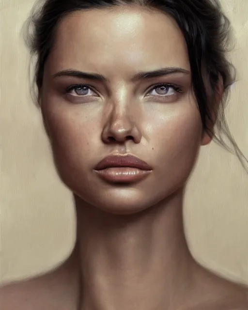 Prompt: cinematic portrait of adriana lima, intricate, elegant, by alyssa monks, highly detailed, symmetrical face, fine details, masterpiece, trending on artstation