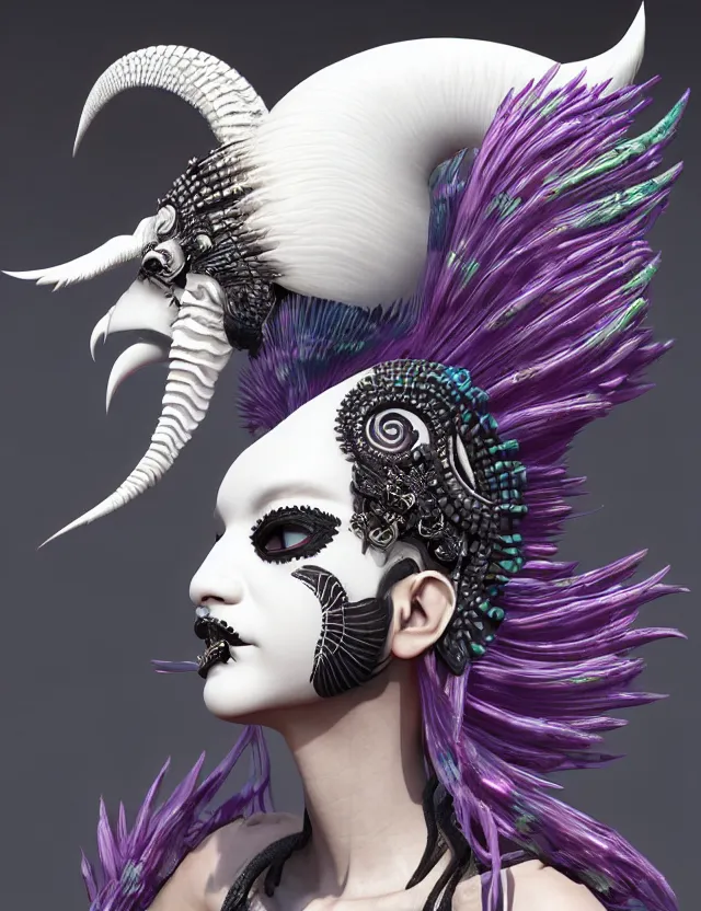 Image similar to 3 d goddess close - up profile simple portrait punk with mohawk with ram skull. beautiful intricately detailed japanese crow kitsune mask and clasical japanese kimono. betta fish, jellyfish phoenix, bio luminescent, plasma, ice, water, wind, creature, artwork by tooth wu and wlop and beeple and greg rutkowski