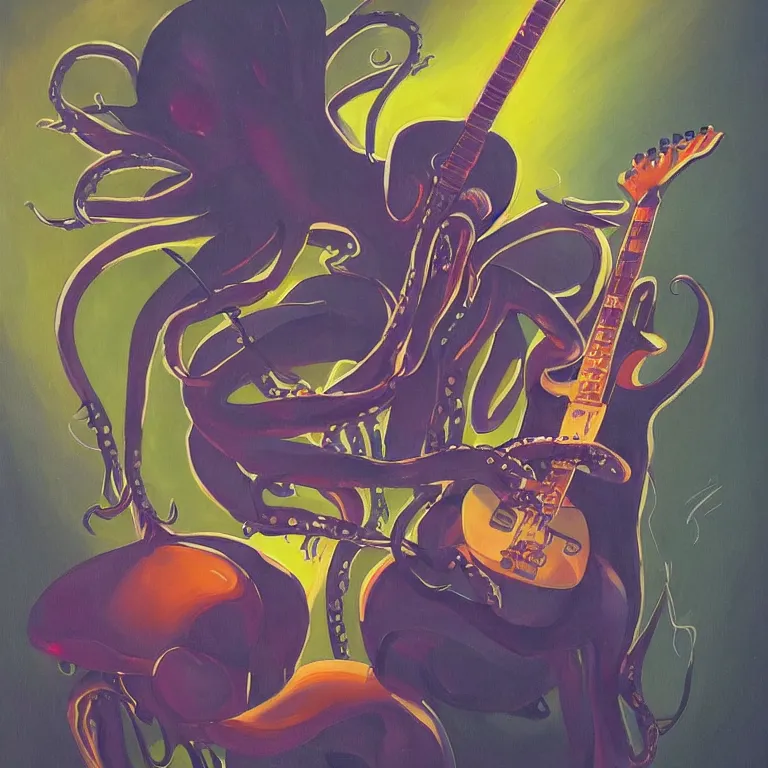 Prompt: a beautiful painting by greg tocchini of an octopus playing drums and telecaster guitar in an electronic concert, dark background, concert light, dark mood, warm lights