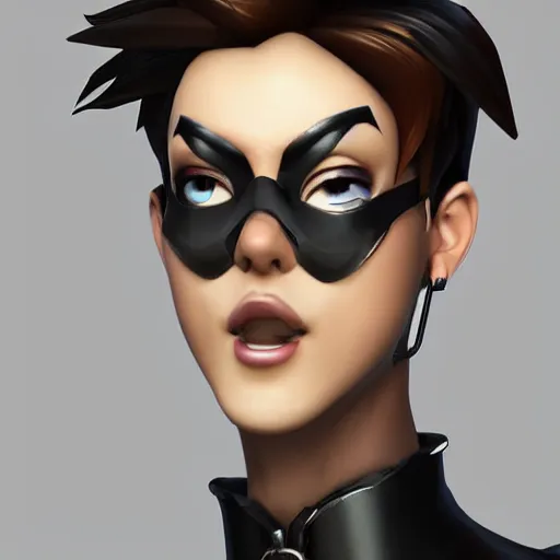 Image similar to portrait bust digital artwork of tracer overwatch, wearing black iridescent rainbow latex tank top, 4 k, expressive happy smug expression, makeup, in style of mark arian, angel wings, wearing detailed black leather collar, chains, black leather harness, detailed face and eyes,