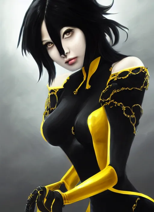 Image similar to a highly detailed illustration of meisa kuroki as short black haired young woman wearing black suit with coattails, yellow eyes, dramatic elegant pose, intricate, elegant, highly detailed, centered, digital painting, artstation, concept art, smooth, sharp focus, league of legends concept art, wlop.