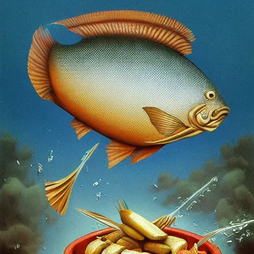 Image similar to surprised fish sitting on the top of a pile of fish, all the fish are inside a cooking pot on fire, side view, by vladimir kush, dystopian art, rococo