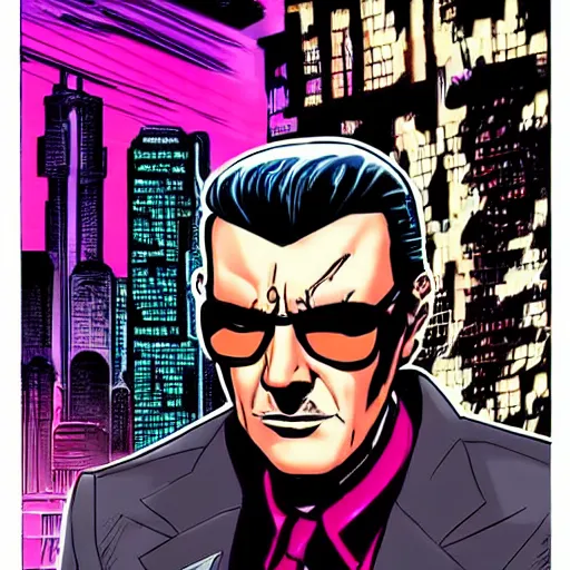 Prompt: a cyberpunk mafia boss with slicked back hair, in a cyberpunk setting, comic book art, cyberpunk, art by stan lee, pen drawing, inked, colorful, bright high tech lights, dark, moody, dramatic, deep shadows, marvel comics, dc comics