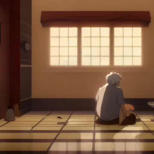 Image similar to bathroom, an old man falls on the floor,anime scenery by Makoto shinkai