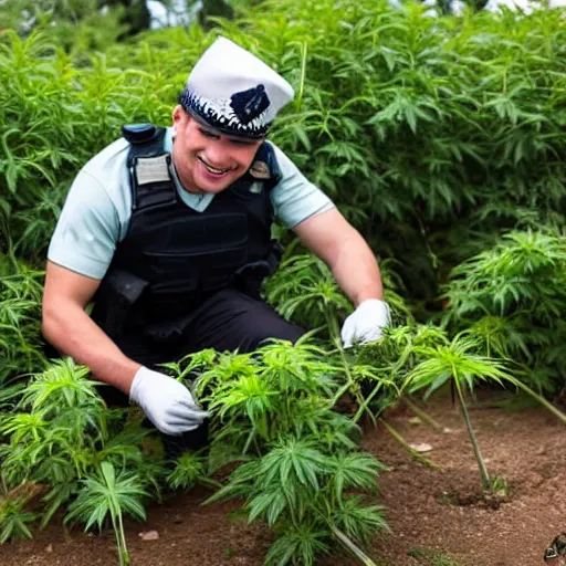 Prompt: police man harvesting weed with a smile, sharp, 8k, detailed face