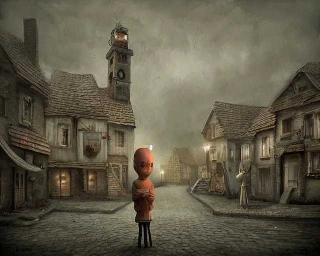 Prompt: a painting of a towns square in an eerie small village filled with bizarre otherworldly creatures walking around the town, by anton semenov