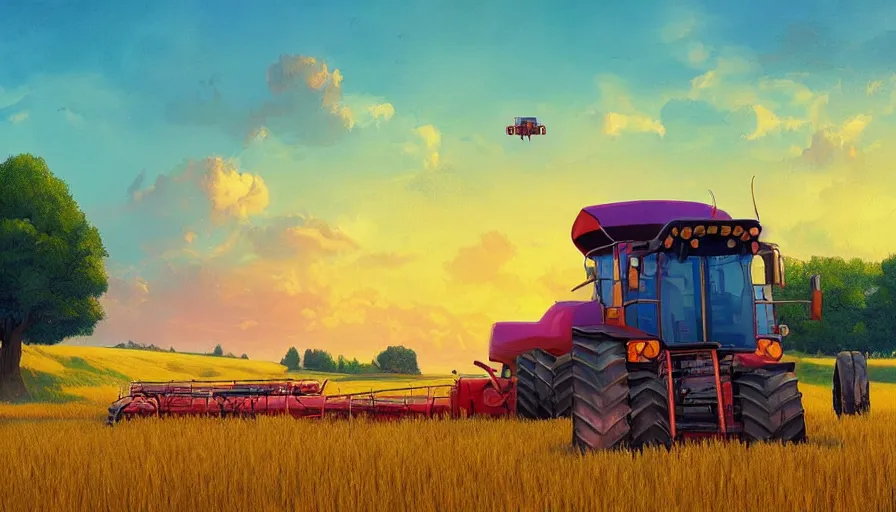 Image similar to colourful sky, wheat field, combine harvester, big trees, matte painting, art station, digital art, simon stalenhag