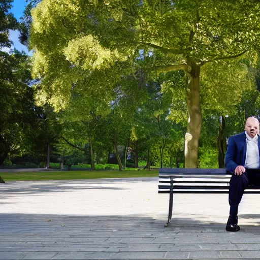 Image similar to A businessman is sitting on a bench eating lunch in a park. Behind him is a tall ladder looming over him, shadows, realistic, 4k