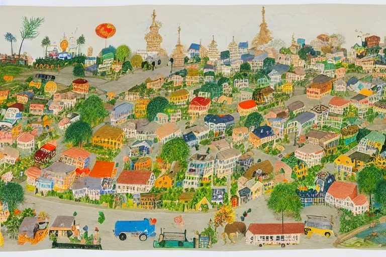 Image similar to an elaborate and dense painting of a peaceful neighborhood, detailed, made of alcohol ink on parchment and penned illustrations, by richard scarry and bosch