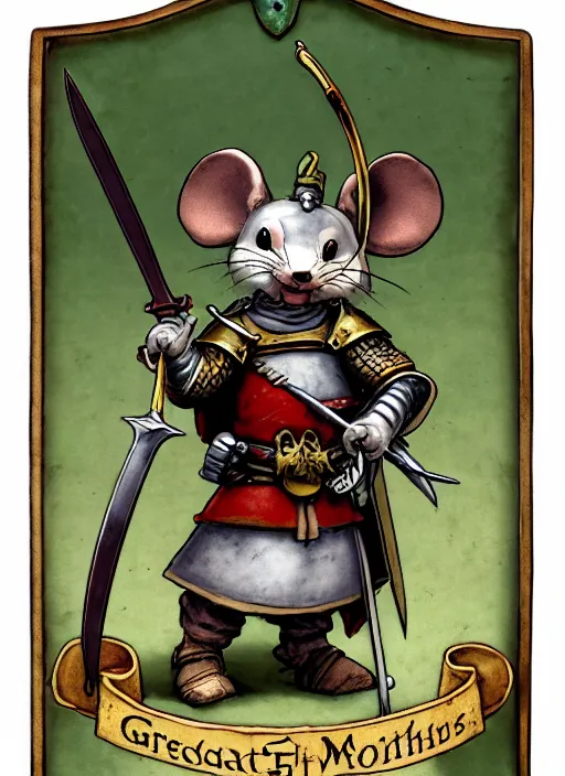 Image similar to a porcelain heroic mouse knight with sword and shield on a parchment background, redwall, greg rutowski and jean baptiste monge, detailed, epic fantasy