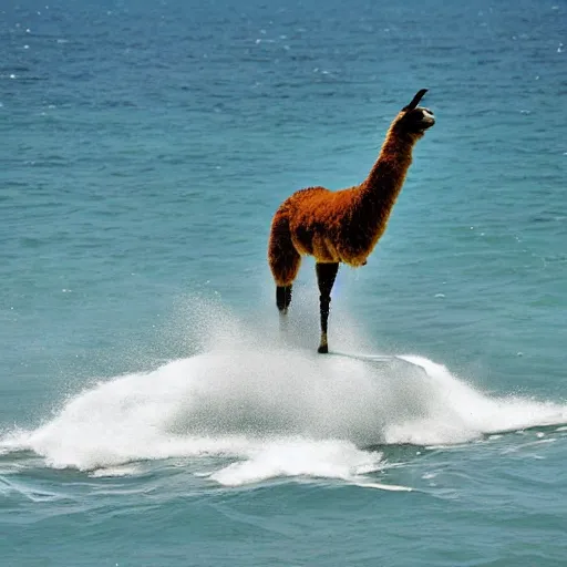 Prompt: llama surfing on an ocean made of space