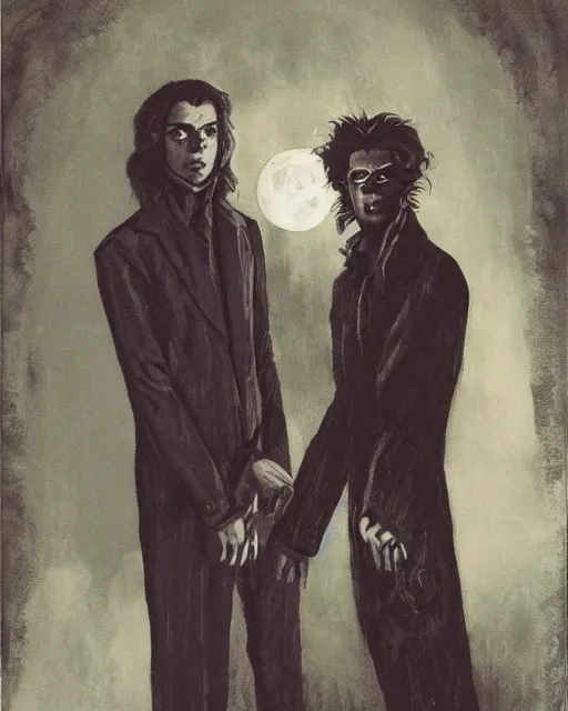 Image similar to two handsome but sinister young men wearing gucci in layers of fear, with haunted eyes and wild hair, 1 9 7 0 s, seventies, wallpaper, a little blood, moonlight showing injuries, delicate embellishments, painterly, offset printing technique, by brom, robert henri, walter popp