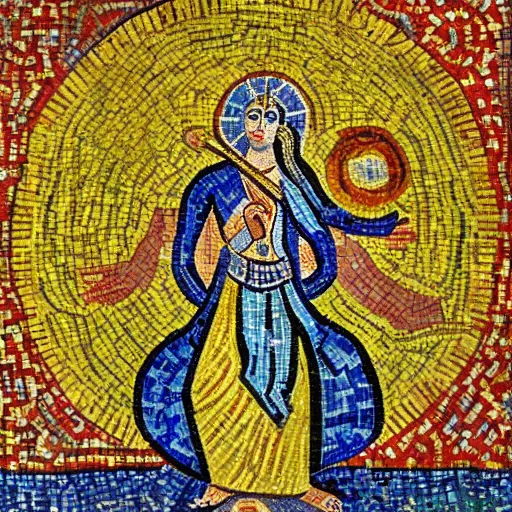 Image similar to a beautiful roman mosaic of the god krishna un the style of vincent van gogh