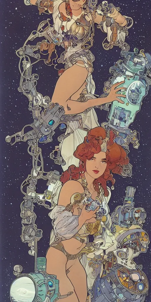 Image similar to a woman wearing outer space as a dress, pouring water from a vase into the milky way, by joe madura, by travis charest, by alphonse mucha, battle chasers.