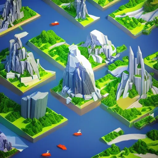 Image similar to low poly art of new york surrounded by waterfalls on a floating island in the sky, isometric art, 3d render, ray tracing, high detail, artstation, concept art, behance, smooth, sharp focus, ethereal lighting, unreal engine 5