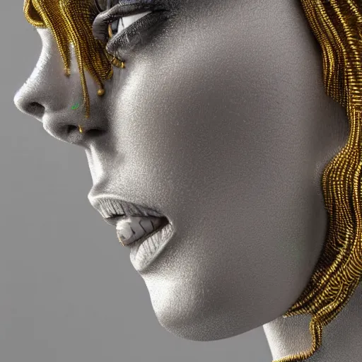 Prompt: highly detailed 3 d render of a full shot view, looking forward of a female cyborg head and face made from extreme numbers of wires and beads, silver, gold, with ornate hair made of the same sticking up, by russian artist igor goryunov, 8 k resolution, photo realistic symmetrical