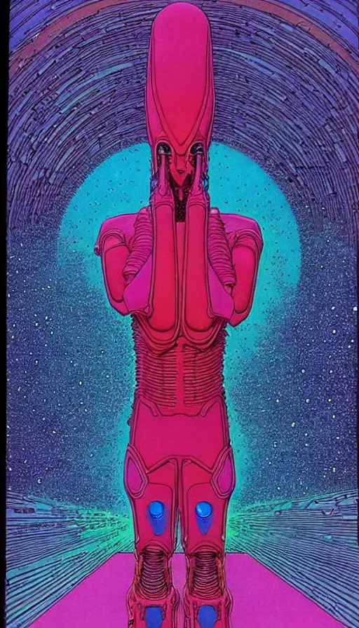 Image similar to ( ( ( ( a humanoid creature from another planet. ) ) ) ) by mœbius!!!!!!!!!!!!!!!!!!!!!!!!!!!, overdetailed art, colorful, artistic record jacket design