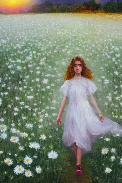 Image similar to giant white daisy flower veil face, girl walking in a flower field, surreal photography, sunrise, dramatic light, impressionist painting, colorful clouds, digital painting, artstation, simon stalenhag