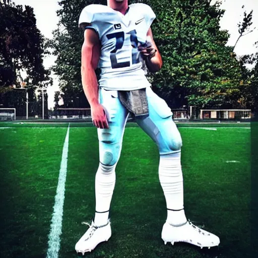 Image similar to “ a realistic detailed photo of a guy who is an attractive humanoid who is half robot and half humanoid, who is a male android, football player christian mccaffrey, shiny skin, posing like a statue, blank stare, on the field, on display ”