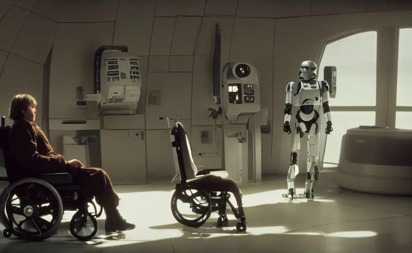 Prompt: cinematic still image screenshot portrait luke skywalker in cybernetic wheel chair talking to a lonely medical droid, from the tv show on disney + anamorphic lens, photo 3 5 mm film kodak from empire strikes back crisp 4 k imax, artstation