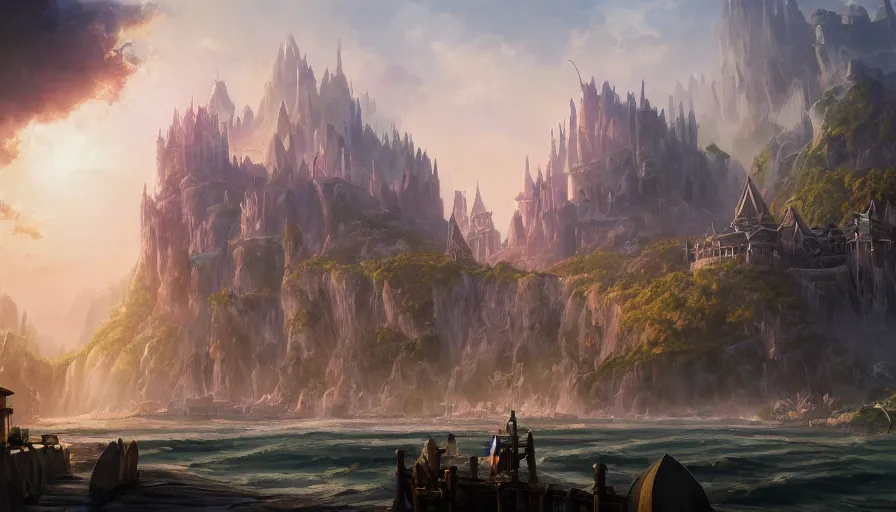 Image similar to a beautiful painting looking across a crystal clear sea at stormwind city from the warcraft movie, by greg rutkowski and kalin popov, trending on artstation, masterpiece,