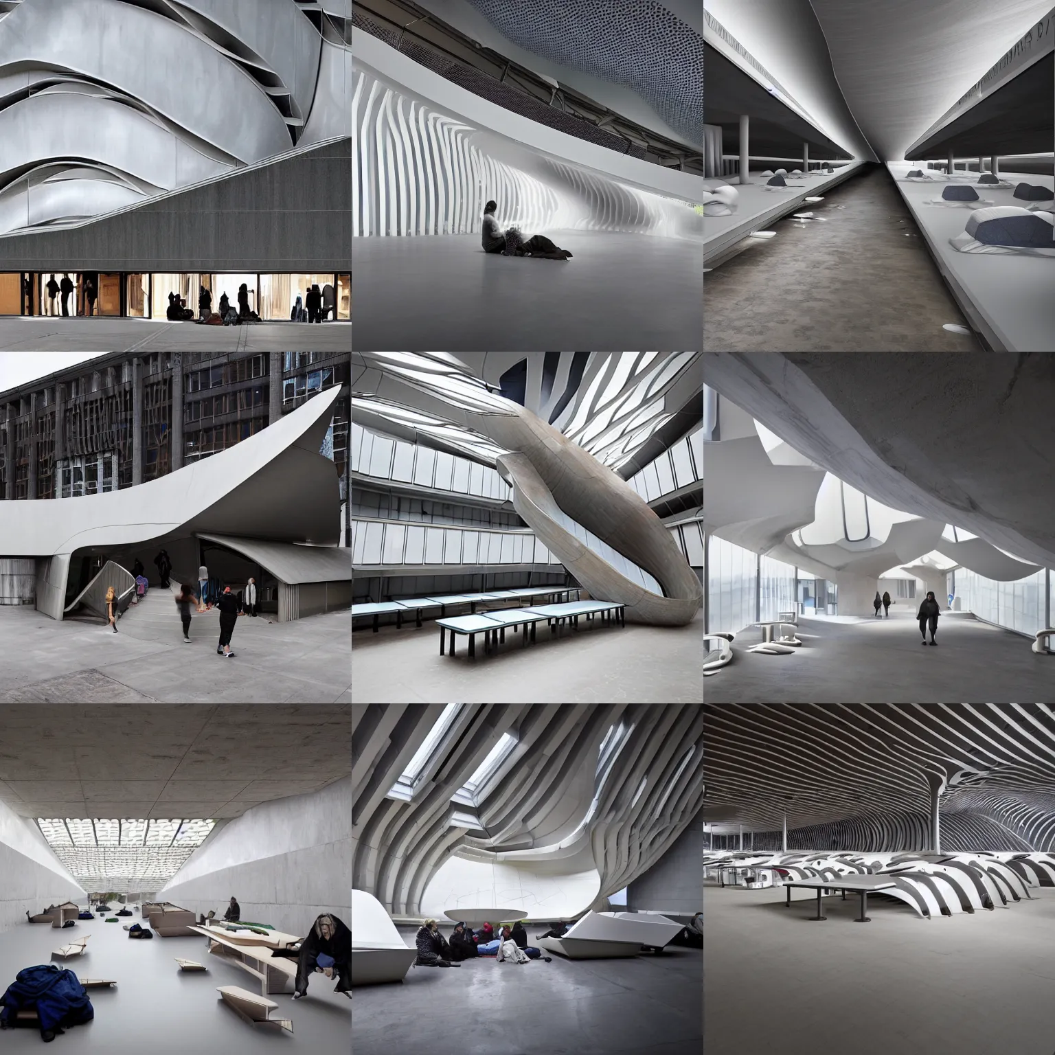 Prompt: a homeless shelter designed by zaha hadid
