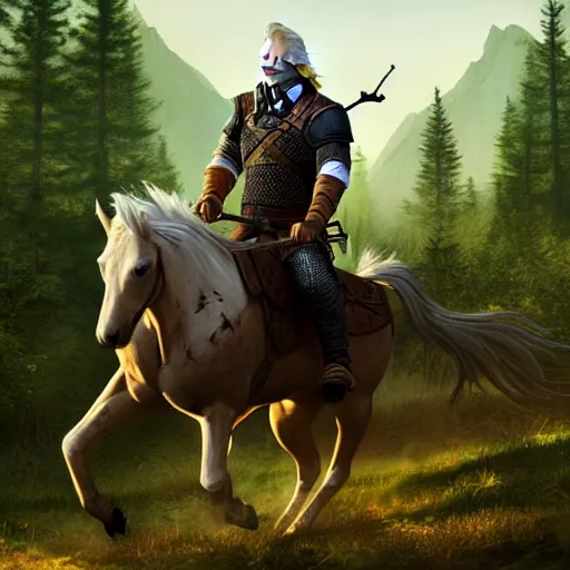 Image similar to Geralt of Rivia riding a horse in forest, 4k, artstation, cgsociety, award-winning, masterpiece, stunning, beautiful, glorious, powerful, fantasy art