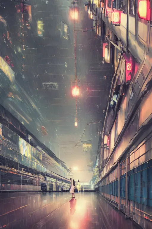 Image similar to 3d ultra realistic anime illustration, two schoolgirls and cat flying on huge japanese elevated subway at rainy night. deep and complex composition. pastel smooth colors. style of Hiro Kiyohara anime. redshift, octane, trending on artstation, cinematic, oil painting